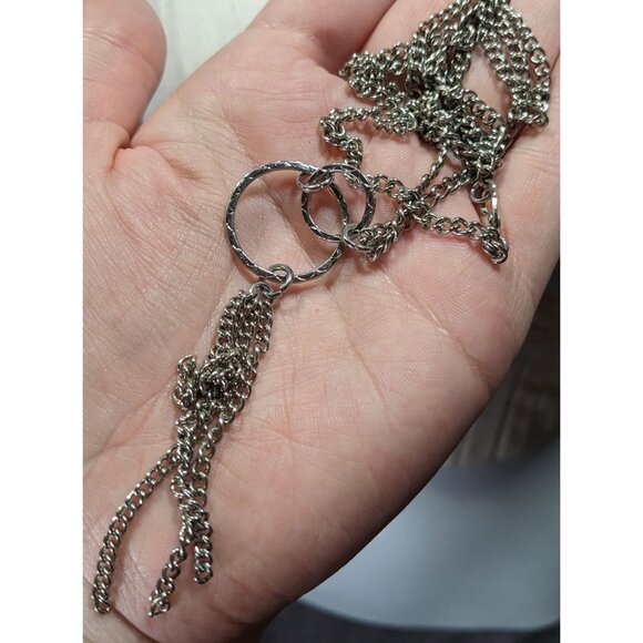 Geometric Multi Ring Silver Tone Tassel Pendant Necklace - Picture 3 of 4